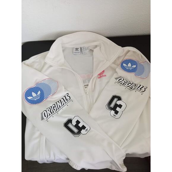 ADIDAS ORIGINALS Racing Jacket Zip Front Track Nylon Fleece White Trefoil Logo M - Picture 8 of 11